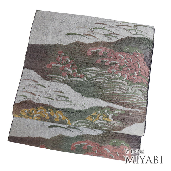 名古屋帯 リサイクル 帯丈370cm 六通 波頭柄 グレー Mサイズ 正絹 新品・未使用品 お洒落