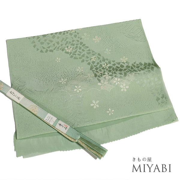 帯締め・帯揚げセット リサイクル お洒落 平組紐 ちりめん グリーン 正絹 Sランク 地紋に小花柄