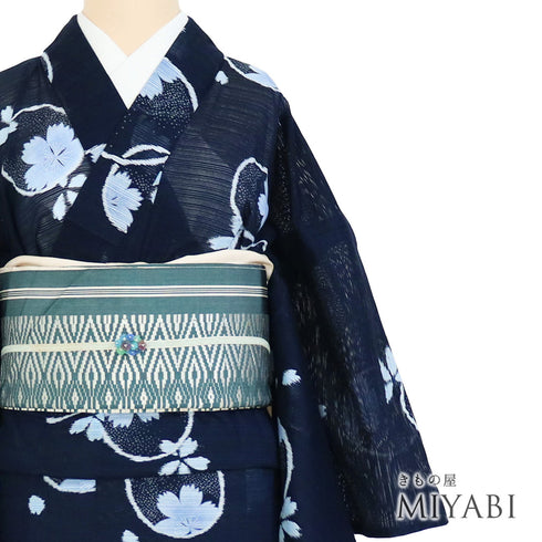 浴衣 リサイクル 夏着物 身丈162.7cm 裄67cm 絽 夢工房 桜柄 ミシン仕立て ネイビー Lサイズ カジュアル 木綿 洗える着物 バチ衿 Aランク