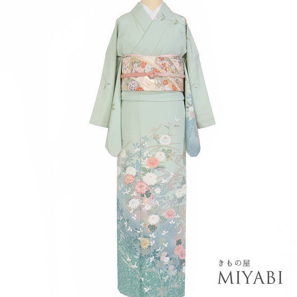 訪問着 リサイクル 身丈164.8cm 裄67.2cm 袷 菊柄 グリーン Lサイズ フォーマル セミフォーマル 落款 正絹 広衿 Sランク