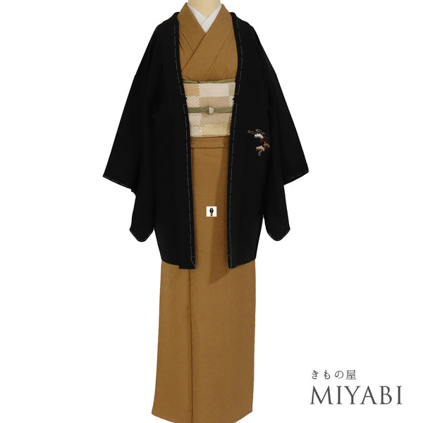 黒羽織 リサイクル 身丈81.2cm 裄67.2cm 袷 黒絵羽 祇園祭柄 ブラック Lサイズ フォーマル しつけ糸 正絹 Sランク