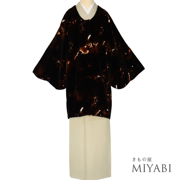 千代田衿コート リサイクル 身丈85.5cm 裄68cm ベルベット ラグラン袖 ブラウン Lサイズ カジュアル お洒落 混合 洗える着物 Aランク