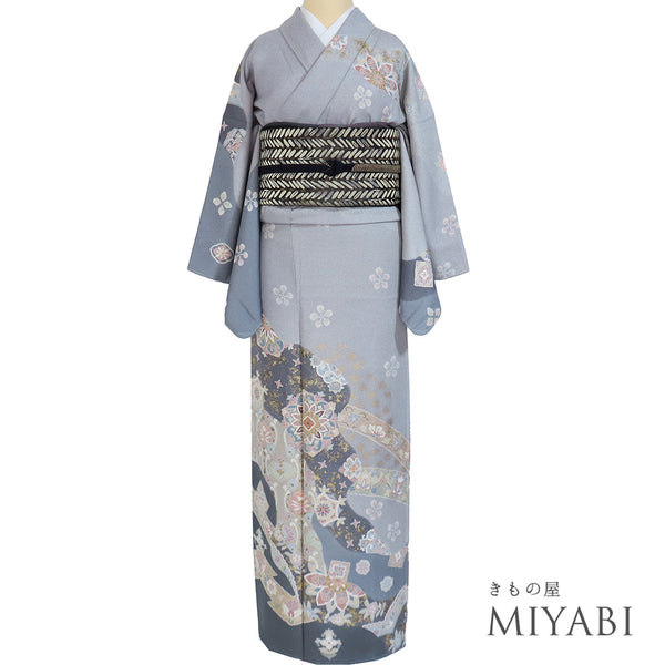 訪問着 リサイクル 身丈166cm 裄66.8cm 袷 道長取りに華文柄 金駒刺繍 ゆったりサイズ ブルー LLサイズ フォーマル セミフォーマル しつけ糸 正絹 広衿 Sランク