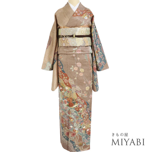 訪問着 リサイクル 身丈171.2cm 裄71cm 袷 絞り加工 辻が花風 金駒刺繍 箔加工 ブラウン LLサイズ お洒落 正絹 広衿 Sランク