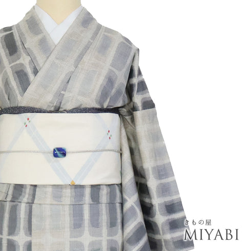 紬 リサイクル 身丈163cm 裄68.4cm 袷 デザイン格子模様 グレー Lサイズ カジュアル お洒落 正絹 広衿 Sランク