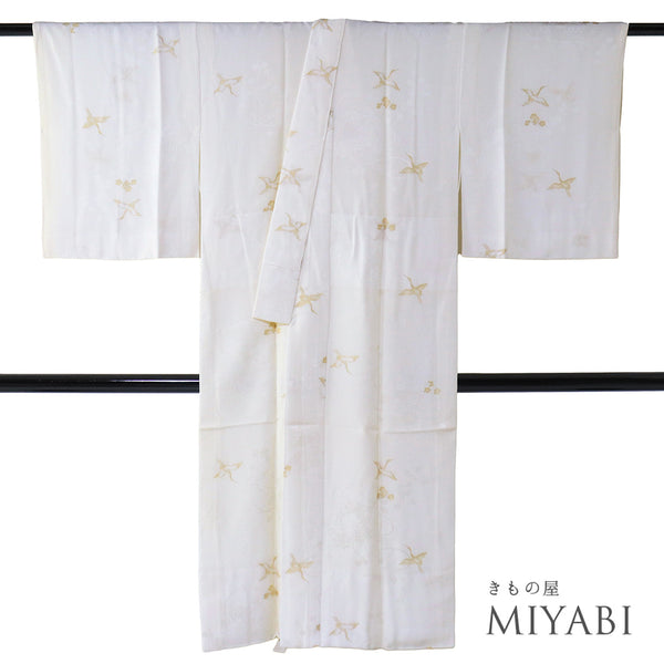 長襦袢 リサイクル 長襦袢 身丈126.5cm 裄65.2cm 袷 金の鶴柄 鼓に花柄 地紋 ホワイト Mサイズ フォーマル 正絹 Sランク