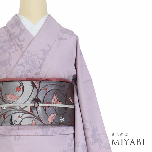 小紋 リサイクル 身丈158.8cm 裄65.2cm 袷 花唐草柄 地紋 箔 パープル Mサイズ お洒落 カジュアル 正絹 広衿 Aランク