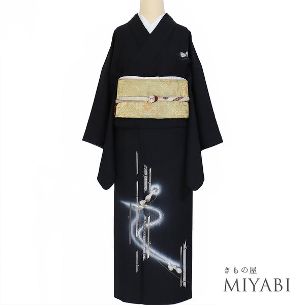 訪問着 リサイクル 身丈156cm 裄64.4cm 袷 金駒刺繍 竹にひょうたん柄 ブラック Mサイズ セミフォーマル 落款 正絹 広衿 Sランク