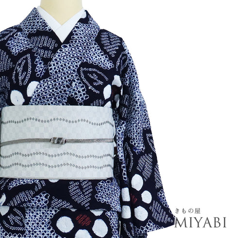 浴衣 リサイクル 夏着物 身丈155.8cm 裄64.4cm 夏物 絞り 花柄 ネイビー Mサイズ カジュアル 木綿 洗える着物 バチ衿 Sランク