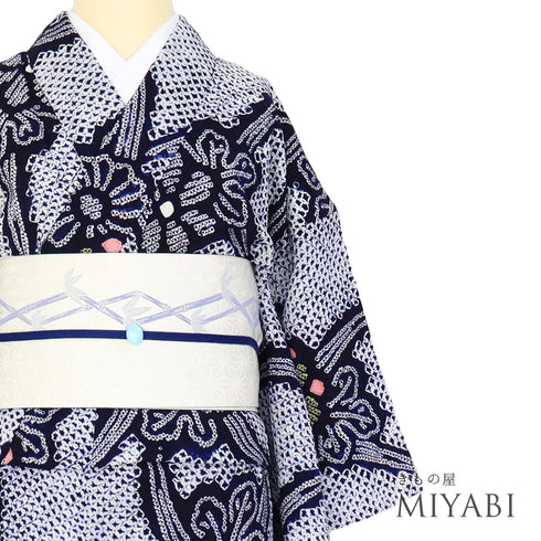 浴衣 リサイクル 夏着物 身丈152cm 裄63.6cm 夏物 絞り 菊柄 ネイビー Sサイズ カジュアル しつけ糸 木綿 洗える着物 バチ衿 Bランク