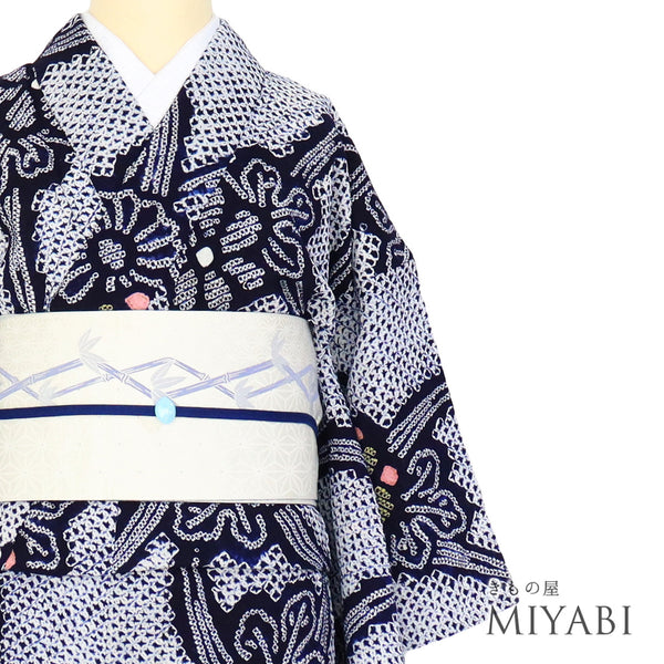 浴衣 リサイクル 夏着物 身丈152cm 裄63.6cm 夏物 絞り 菊柄 ネイビー Sサイズ カジュアル しつけ糸 木綿 洗える着物 バチ衿 Bランク