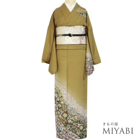 訪問着 リサイクル 身丈167cm 裄69.2cm 袷 後絞り加工あり 辻ヶ花調 箔 ブラウン LLサイズ お洒落 正絹 広衿 Aランク