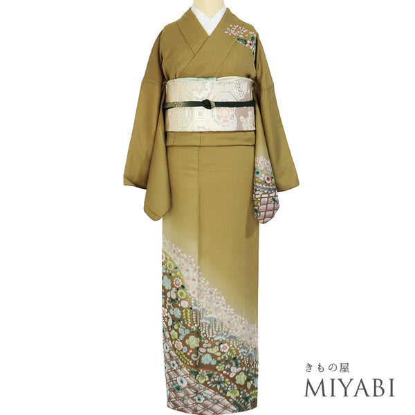 訪問着 リサイクル 身丈167cm 裄69.2cm 袷 後絞り加工あり 辻ヶ花調 箔 ブラウン LLサイズ お洒落 正絹 広衿 Aランク