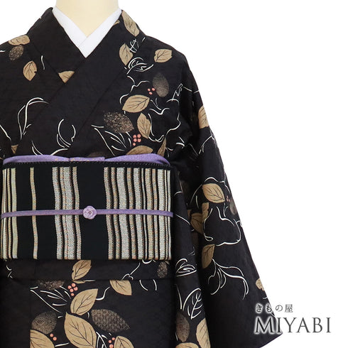 小紋 リサイクル 身丈162.8cm 裄66.4cm 袷 デザイン花柄 ブラック Lサイズ お洒落 カジュアル ポリエステル 洗える着物 広衿 Sランク