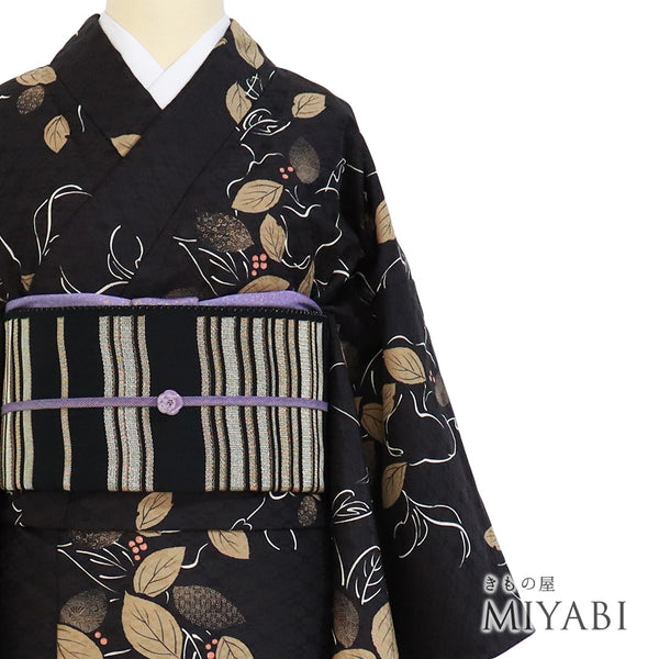 小紋 リサイクル 身丈162.8cm 裄66.4cm 袷 デザイン花柄 ブラック Lサイズ お洒落 カジュアル ポリエステル 洗える着物 広衿 Sランク