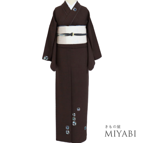 訪問着 リサイクル 身丈158.7cm 裄66cm 袷 箔加工 抽象柄 ゆったりサイズ ブラウン Mサイズ お洒落 正絹 広衿 Sランク