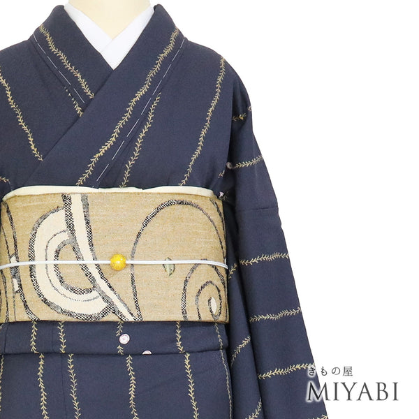 小紋 リサイクル 身丈171cm 裄71.2cm 袷 蔓や丸に花柄 ネイビー LLサイズ お洒落 カジュアル 正絹 広衿 Sランク