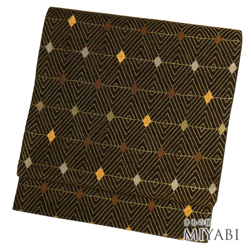 袋帯 リサイクル 帯丈438cm 六通 重ね菱 変わり糸使用 ブラウン Mサイズ 正絹 Sランク お洒落 カジュアル