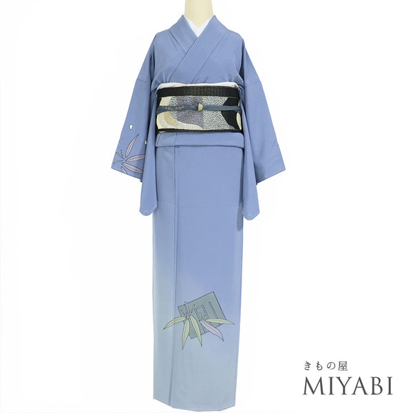 訪問着 リサイクル 身丈163.8cm 裄66.2cm 袷 源氏香 竹柄 夢や ゆったりサイズ ブルー Lサイズ お洒落 セミフォーマル 落款 しつけ糸 正絹 広衿 Sランク