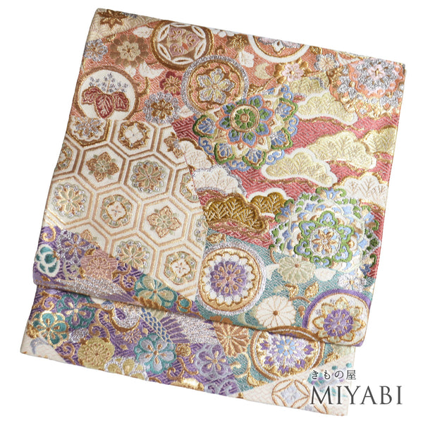 袋帯 リサイクル 帯丈434cm 六通 華文に鳥柄 ベージュ Sサイズ 正絹 Sランク フォーマル セミフォーマル