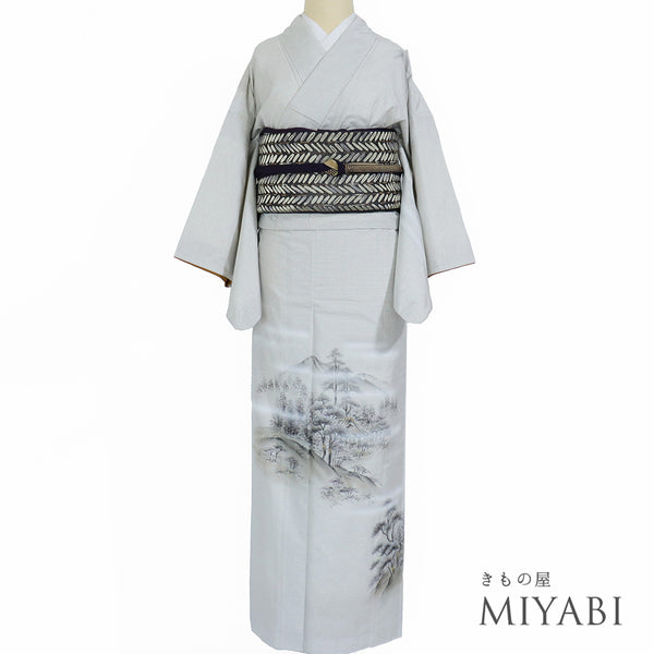 付下げ リサイクル 身丈167cm 裄63.2cm 袷 大島紬 遠山樹林風景柄 晃生 ホワイト LLサイズ お洒落 落款 正絹 広衿 Aランク