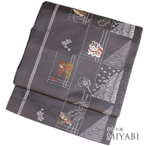 名古屋帯 リサイクル 帯丈357cm 六通 玩具尽くし柄 グレー Sサイズ 正絹 Sランク お洒落