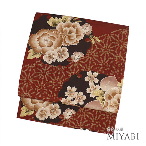 京袋帯 リサイクル 帯丈380cm 六通 雪輪に花各種柄 レッド Lサイズ ポリエステル 新品・未使用品 お洒落