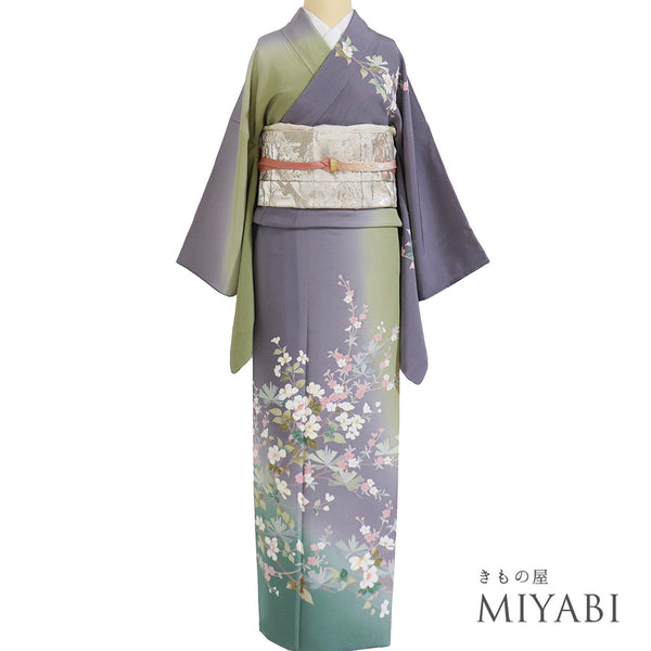 訪問着 リサイクル 身丈157cm 裄66cm 袷 パールトーン加工 花柄 パープル Mサイズ フォーマル セミフォーマル 落款 正絹 広衿 Sランク