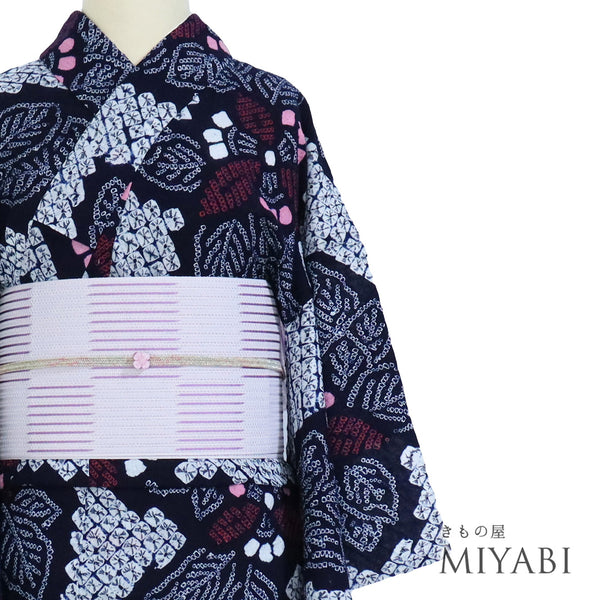 浴衣 リサイクル 夏着物 身丈154cm 裄64cm 夏物 絞り 花柄 ネイビー Sサイズ カジュアル 木綿 洗える着物 バチ衿 Aランク