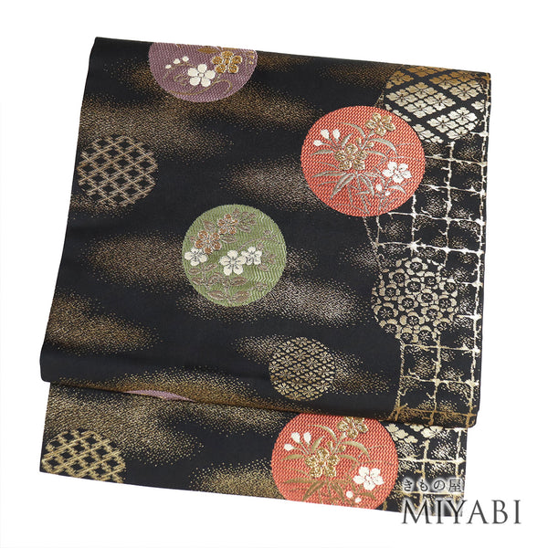 名古屋帯 リサイクル 帯丈350cm 六通 花模様 ブラック Sサイズ 正絹 Sランク お洒落