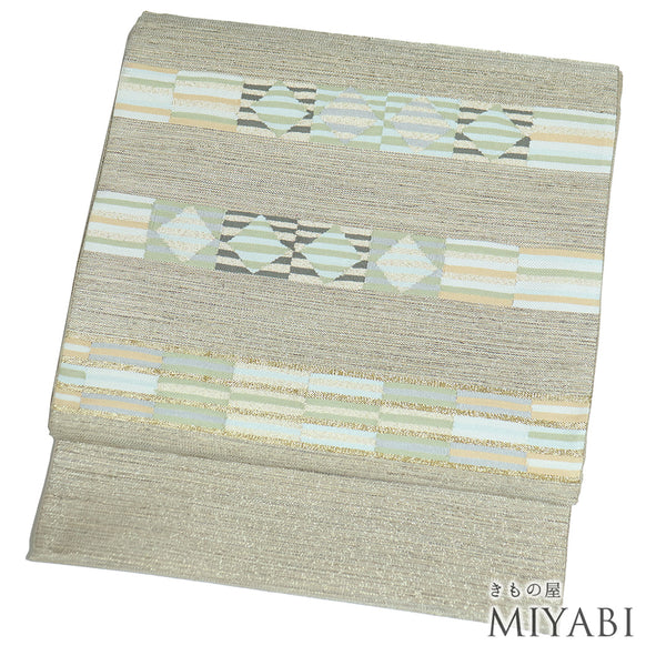 袋帯 リサイクル 帯丈468cm ポイント柄 デザイン縞柄 グレー LLサイズ 正絹 Sランク お洒落