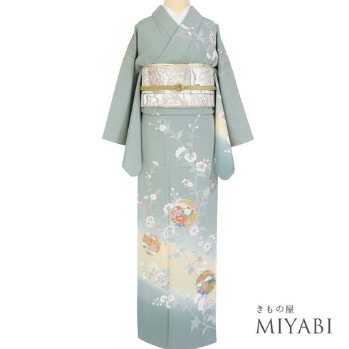訪問着 リサイクル 身丈158.8cm 裄64.6cm 袷 雪輪に花柄 グリーン Mサイズ フォーマル セミフォーマル しつけ糸 正絹 広衿 Sランク