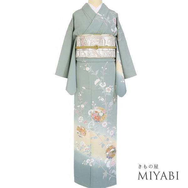 訪問着 リサイクル 身丈158.8cm 裄64.6cm 袷 雪輪に花柄 グリーン Mサイズ フォーマル セミフォーマル しつけ糸 正絹 広衿 Sランク