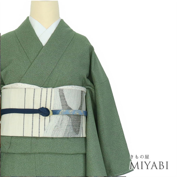 小紋 リサイクル 身丈152cm 裄63.6cm 袷 彩天目織 霜鳥忍作 グリーン Sサイズ セミフォーマル お洒落 一つ紋 正絹 広衿 Sランク