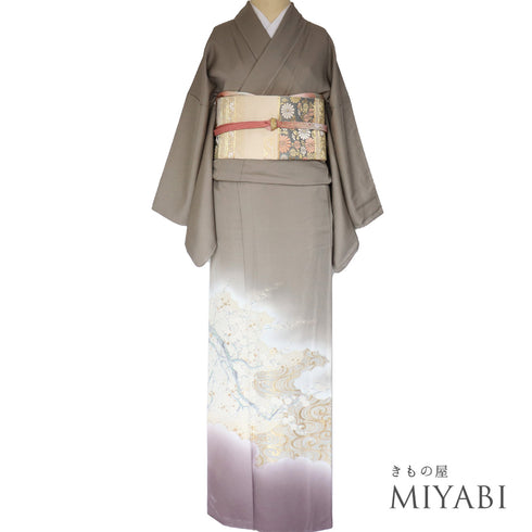 色留袖 リサイクル 身丈163.5cm 裄66cm 袷 観世水に白梅・紅梅柄 織り出し模様 比翼無し グレー Lサイズ 一つ紋 しつけ糸 正絹 広衿 Sランク