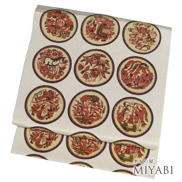 名古屋帯 リサイクル 帯丈365.5cm 全通 丸に馬や鳥模様 ちりめん グレー Mサイズ 正絹 Sランク お洒落 カジュアル