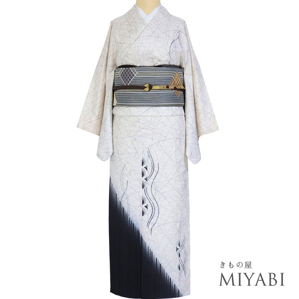 訪問着 リサイクル 身丈156.7cm 裄63.2cm 袷 紬 幾何学柄 染め アイボリー Mサイズ お洒落 正絹 広衿 Aランク