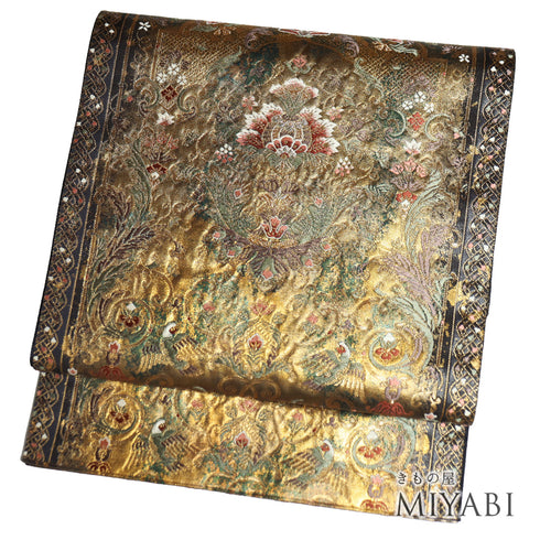 袋帯 リサイクル 帯丈438cm 六通 華唐草柄 鳳凰 ゴールド Mサイズ 正絹 Sランク フォーマル