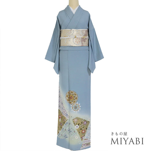 色留袖 リサイクル 身丈163cm 裄64.4cm 袷 華紋柄 箔 比翼無し ブルー Lサイズ 落款 一つ紋 正絹 広衿 Sランク