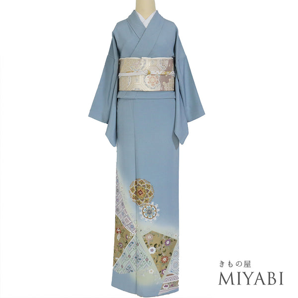 色留袖 リサイクル 身丈163cm 裄64.4cm 袷 華紋柄 箔 比翼無し ブルー Lサイズ 落款 一つ紋 正絹 広衿 Sランク