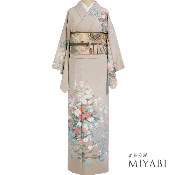 訪問着 リサイクル 身丈155.3cm 裄63cm 袷 花柄 ベージュ Sサイズ セミフォーマル お洒落 落款 正絹 広衿 Sランク