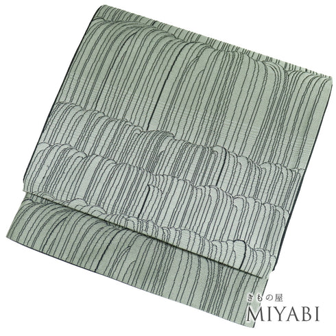 袋名古屋帯 リサイクル 帯丈372cm 全通 幾何学模様 グリーン Mサイズ ポリエステル Sランク カジュアル お洒落