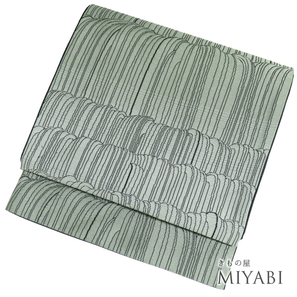 袋名古屋帯 リサイクル 帯丈372cm 全通 幾何学模様 グリーン Mサイズ ポリエステル Sランク カジュアル お洒落