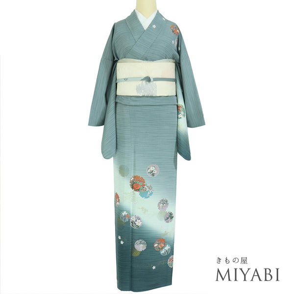 付下げ リサイクル 身丈160.5cm 裄67.2cm 単衣 ぼかし柄 雪輪柄 花柄 刺繍 箔加工 グリーン Lサイズ セミフォーマル 正絹 広衿 Sランク