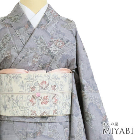 大島紬 リサイクル 身丈154.5cm 裄65.2cm 袷 都喜ヱ門 パープル Sサイズ お洒落 カジュアル 証紙 しつけ糸 正絹 広衿 Sランク