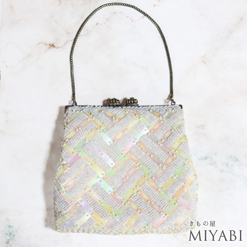 バッグ ホワイト ビーズ Bランク 幾何学模様