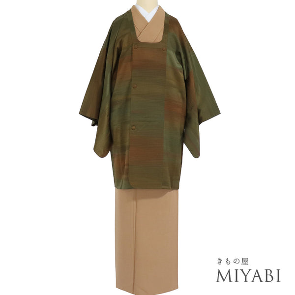 道行コート リサイクル 身丈90.2cm 裄66cm 袷 横段ぼかし 地紋 グリーン Mサイズ お洒落 正絹 Sランク