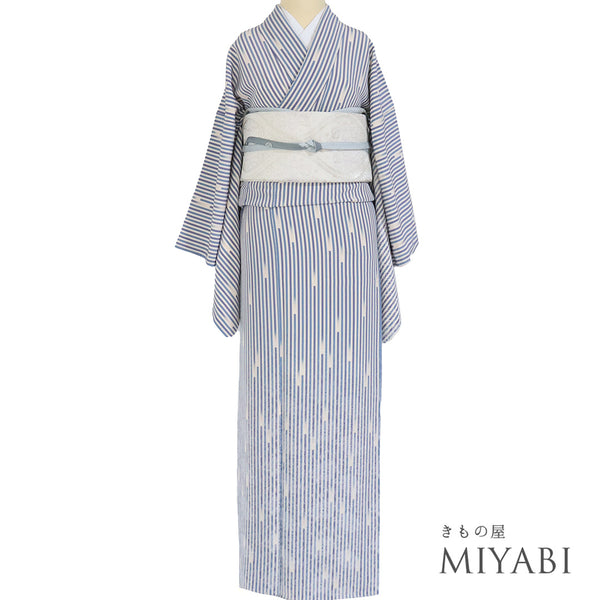 訪問着 リサイクル 身丈161.8cm 裄65.6cm 袷 ゆったりサイズ 花唐草模様 デザイン縞模様 ブルー Lサイズ お洒落 正絹 広衿 Sランク