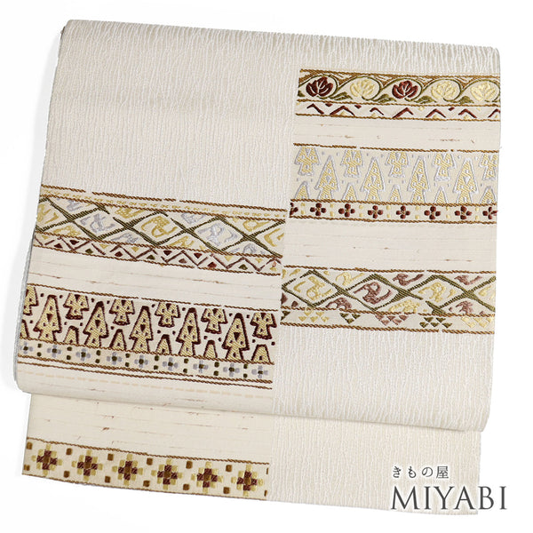 袋帯 リサイクル 帯丈436cm 六通 横段柄 横段違い棚 刺繍 ベージュ Mサイズ 正絹 Sランク お洒落