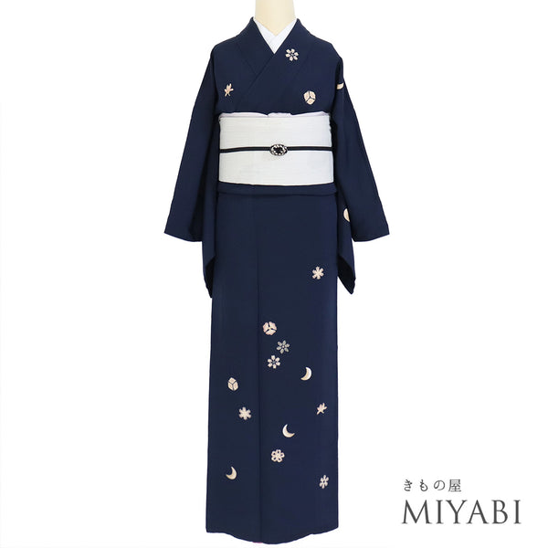 訪問着 リサイクル 身丈153.5cm 裄66.4cm 袷 雪月花柄 コムサデモード 刺繍 ネイビー Sサイズ お洒落 落款 正絹 広衿 Sランク